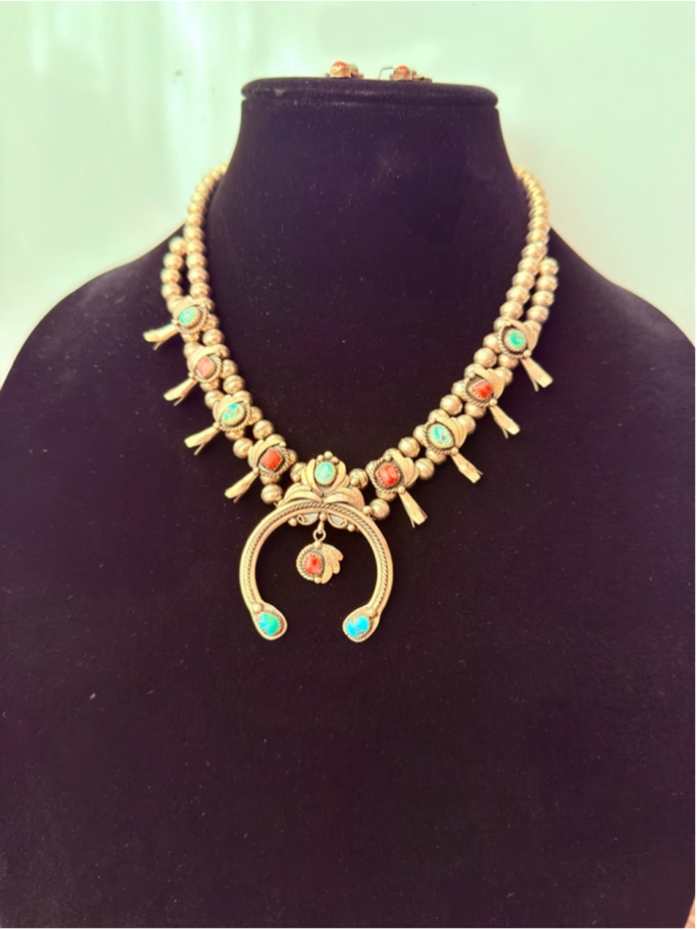 Old Pawn Navajo Squash Blossom Turquoise Coral Sterling VTG Necklace, Earrings - Picture 4 of 11